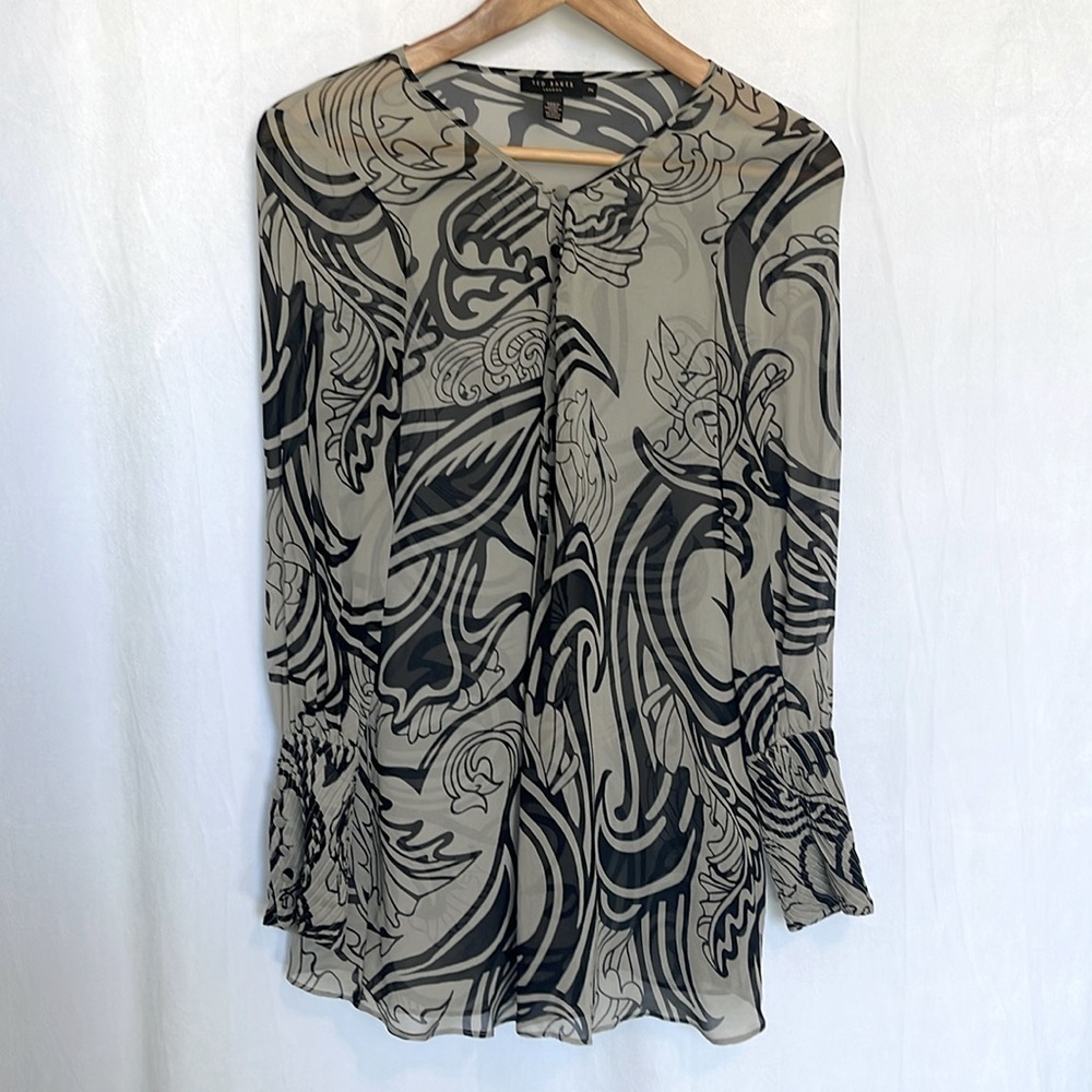 Ted Baker Silk Tunic Blouse Long Sleeve Button Front Size S Black Gray